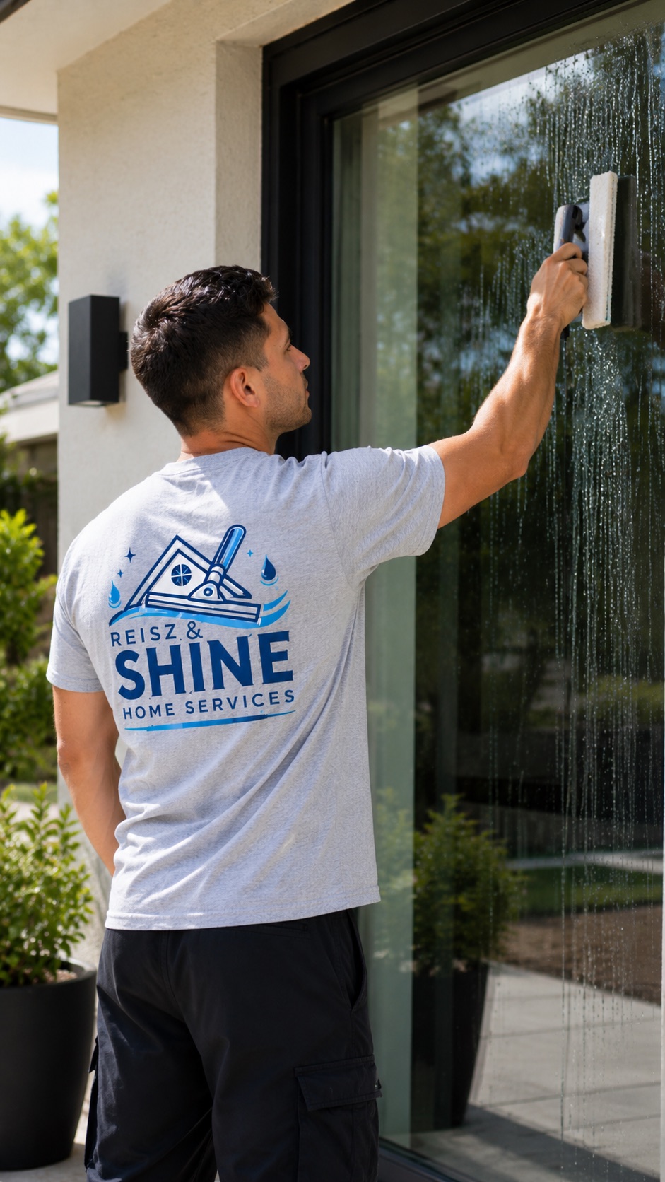 Reisz & Shine technician squeegeeing a home window clean